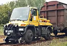 Unimog 405/UGN road-rail vehicle used as a rail car mover.
