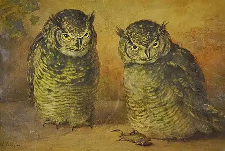 A couple of owls and a dead mouse, 1890