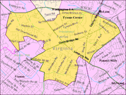 Boundaries of Tysons in Fairfax County, Virginia as of 2003[update]