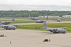 C-130H Hercules of the Illinois Air National Guard's 182nd Airlift Wing taxiing at Peoria Air National Guard Base during 2013.
