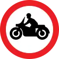 Solo motorcycles prohibited. This sign may additionally display an exception plate (for example: 'Except for access')