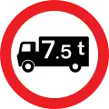 Goods vehicles exceeding an unladen weight of 7.5 t prohibited. This sign may additionally display an exception plate (for example: 'Except for access').