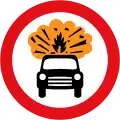 Vehicles carrying explosives (such as fireworks) prohibited. This sign is not actually in the regulations but separately approved by the DfT.