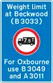 Location of weight restriction ahead with indication of an alternative route (may show a different restriction or that the restriction is gross weight rather than unladen weight)