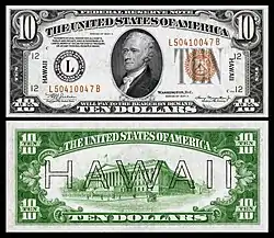 United States, c. 1941: US $10 Hawaii overprint note