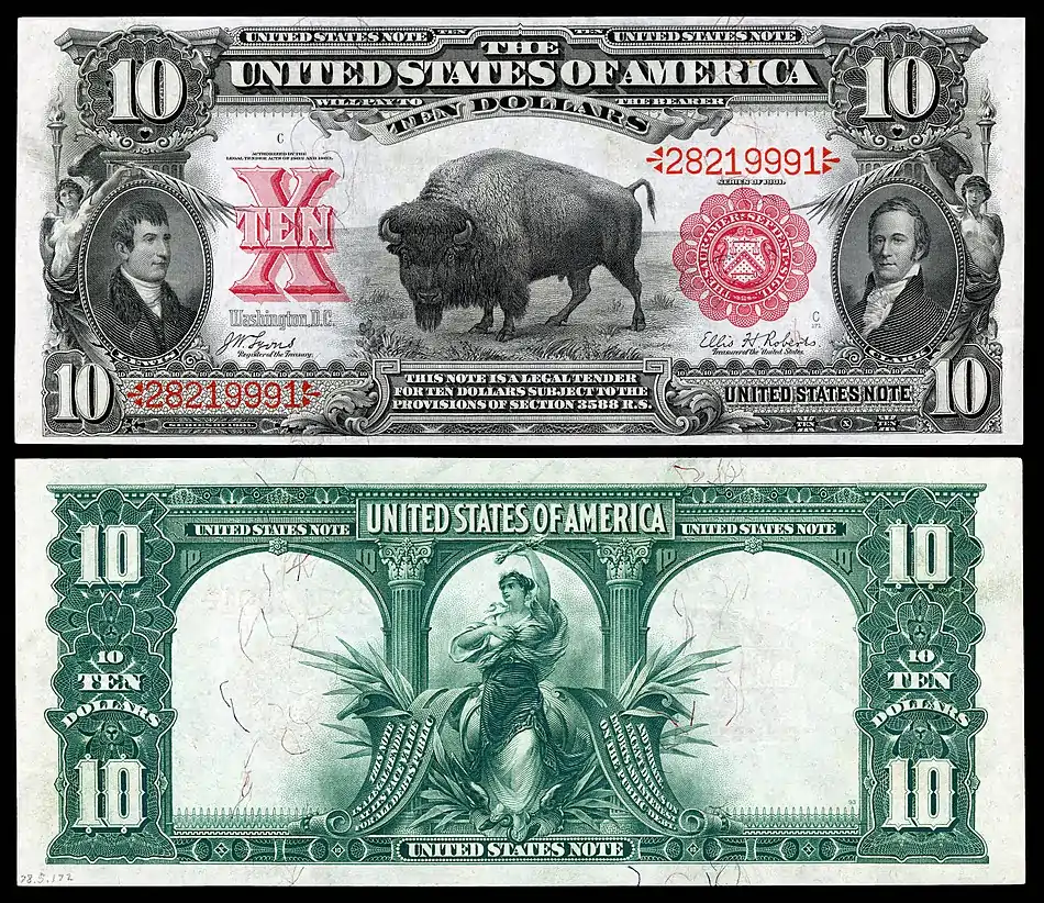 Series 1901 $10 legal tender depicting an American bison