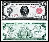 1914 $100 Federal Reserve Note  The first $100 Federal Reserve Note was issued with a portrait of Benjamin Franklin on the obverse and allegorical figures representing labor, plenty, America, peace, and commerce on the reverse.