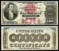 Series 1878 $100 silver certificate The first $100 silver certificate was issued with a portrait of James Monroe on the left side of the obverse.