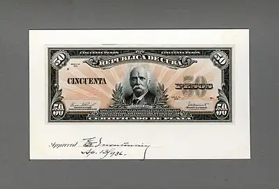 García depicted on the original artist/progress proof designed by the United States Bureau of Engraving and Printing for Cuban silver certificates (1936).