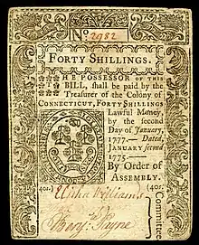 Connecticut colonial currency, 40 shillings, 1775 (obverse)