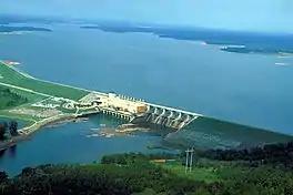 View overlooking the West Point Dam. A large body of water is seen stretching wide and tall.