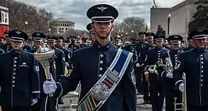 The U.S. Air Fore Band shown at parade rest with the band's drum-major in front.