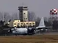A C-130 Hercules aircraft lands at the Camp Humphreys airfield.