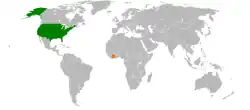 Map indicating locations of USA and Ivory Coast