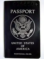 Cover of one of the first blue passports (the color was introduced for the Bicentennial in 1976)