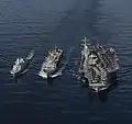 HDMS Peter Willemoes, USS George H.W. Bush and USNS Supply underway on 16 September 2019.