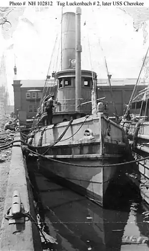 Luckenbach Number 2 (American Tug, 1891) In port, probably when inspected by the Third Naval District in 1917. This tug, owned by the Luckenbach Steamship Company and originally named Edgar F. Luckenbach, was taken over by the Navy on 12 October 1917 and placed in commission on 5 December 1917 as USS Cherokee (SP-458). She foundered at sea on 26 February 1918, while en route from Newport, Rhode Island, to Washington, D.C.