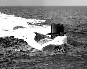 USS Lapon (SSN-661) underway, probably during her sea trials, 1967, off the Virginia coast.