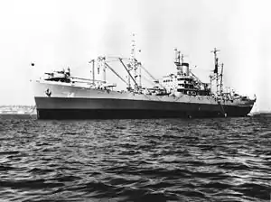 USS Oberon (AKA-14) at anchor in the 1940s