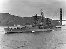 USS Oklahoma City steams out San Francisco Bay on 16 November 1960.