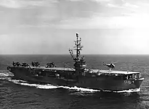 An aerial view of USS Point Cruz (CVE-119), 25 June 1955.