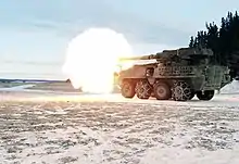 An M1128 mobile gun system undergoes cold weather live-fire testing at CRTC.
