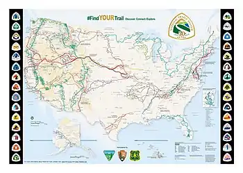 Map of the United States with trail routes marked and trail logos bordering it