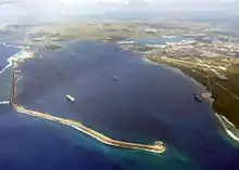 Aerial view of Apra Harbor and old airstrips.