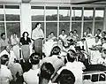 Entertainers Bob Hope and Frances Langford entertaining patients at the Coco Solo Hospital on March 9, 1944. Entertainers present include (left to right): Frances Langford, Vera Vague, Jerry Colonna, Bob Hope, and Tony Romano. Also present is Wendell Niles.
