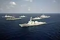 RSS Stalwart, RSS Intrepid and RSS Endeavour maneuver in formation with USS Harpers Ferry, USS Chafee and USS Chung-Hoon during Cooperation Afloat Readiness and Training (CARAT) 2009.