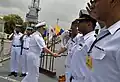 U.S. Chief of Naval Operations, Admiral Gary Roughead, meeting with officers of Tippu Sultan while touring the operations of the guided missile destroyer in 2009.