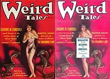 A magazine cover with a naked woman surrounded by cobras, next to a similar cover with the woman's torso concealed by a box of text