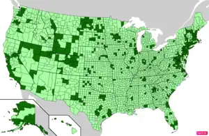 Counties in the United States by median nonfamily household income according to the U.S. Census Bureau American Community Survey 2013–2017 5-Year Estimates. Counties with median nonfamily household incomes higher than the United States as a whole are in full green.