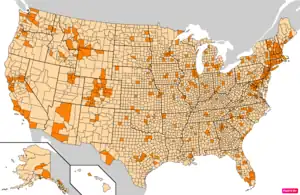 Counties in the United States by the percentage of the over 25-year-old population with bachelor's degrees according to the U.S. Census Bureau American Community Survey 2013–2017 5-Year Estimates. Counties with higher percentages of bachelor's degrees than the United States as a whole are in full orange.