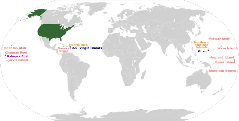 A world map with the states and territories of the United States highlighted in different colors.