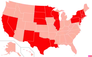 States in the United States by Catholic population according to the Pew Research Center 2014 Religious Landscape Survey. States with Catholic population greater than the United States as a whole are in full red.