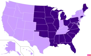States in the United States by Mainline or Black Protestant population according to the Pew Research Center 2014 Religious Landscape Survey. States with Mainline or Black Protestant population greater than the United States as a whole are in full purple.