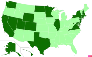 States in the United States by median nonfamily household income according to the U.S. Census Bureau American Community Survey 2013–2017 5-Year Estimates. States with median nonfamily household incomes higher than the United States as a whole are in full green.