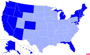 States in the United States by non-Christian (e.g. Non-religious, Jewish, Muslim, Hindu, Buddhist) population according to the Pew Research Center 2014 Religious Landscape Survey. States with non-Christian populations greater than the United States as a whole are in full blue.