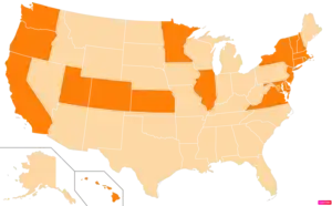 States in the United States by the percentage of the over 25-year-old population with bachelor's degrees according to the U.S. Census Bureau American Community Survey 2013–2017 5-Year Estimates. States with higher percentages of bachelor's degrees than the United States as a whole are in full orange.