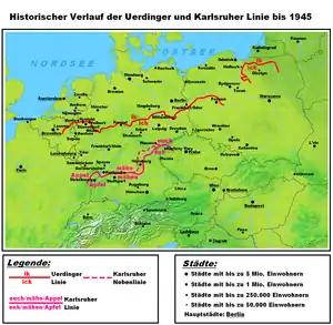 The Uerdingen and the Karlsruhe line. The Karlsruhe line divides the High Franconian dialects from the Upper German dialects.