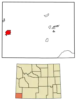 Location of Evanston in Uinta County, Wyoming.