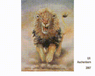 Video f: Attacking Lion, by passing this chameleon-painting  its colour changes as shown, 2007, 100 x 80 cm
