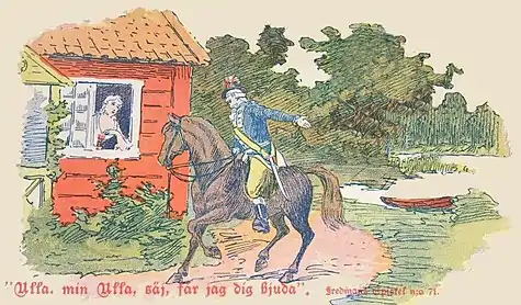 postcard of a man on a horse gesturing to a woman at the window of a wooden cabin