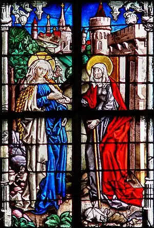 The Visitation window (1480) from Ulm Minster, by Peter Hemmel of Andlau. Late Gothic with fine shading and painted details.