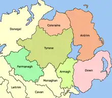 1584 – General boundaries of the counties of Ulster created by the Lord Deputy of Ireland Sir John Perrott.