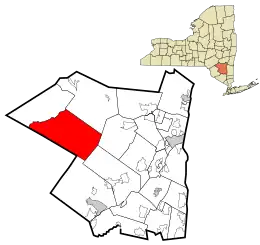 Location of Denning within Ulster County and the state of New York