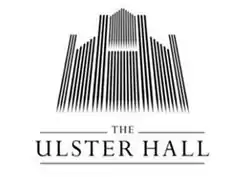 Black geometric logo on white background, the stylised pipes of a pipe organ. The words "The Ulster Hall" are underneath, also in black.