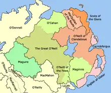 Later 15th century – Boundaries of counties and lordships (black border) and minor lordships (grey border) in Ulster.