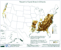 Map of the United States showing what percentage of the soil in a given area is classified as an Ultisol-type soil. The great majority of the land area classified in the highest category (75%-or-greater Ultisol) lies in the South and overlays with the Piedmont Plateau, which runs as a diagonal line through the South from southeast (in Alabama) to northwest (up into parts of Maryland).